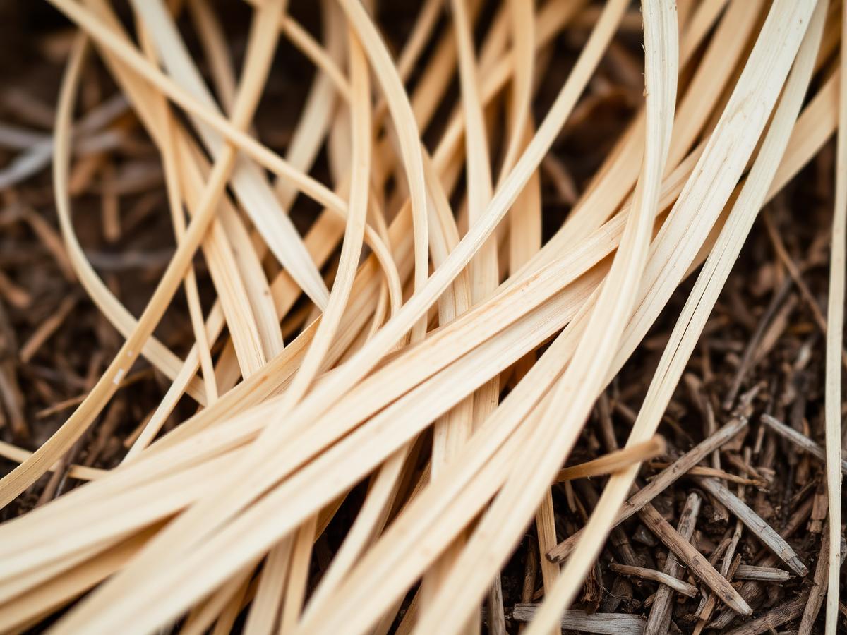 Close-up of long pale milled wood strands interlocking on soil