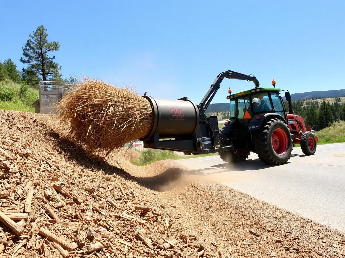 Tractor-mounted straw blower spreading wood strand mulch along a road cut