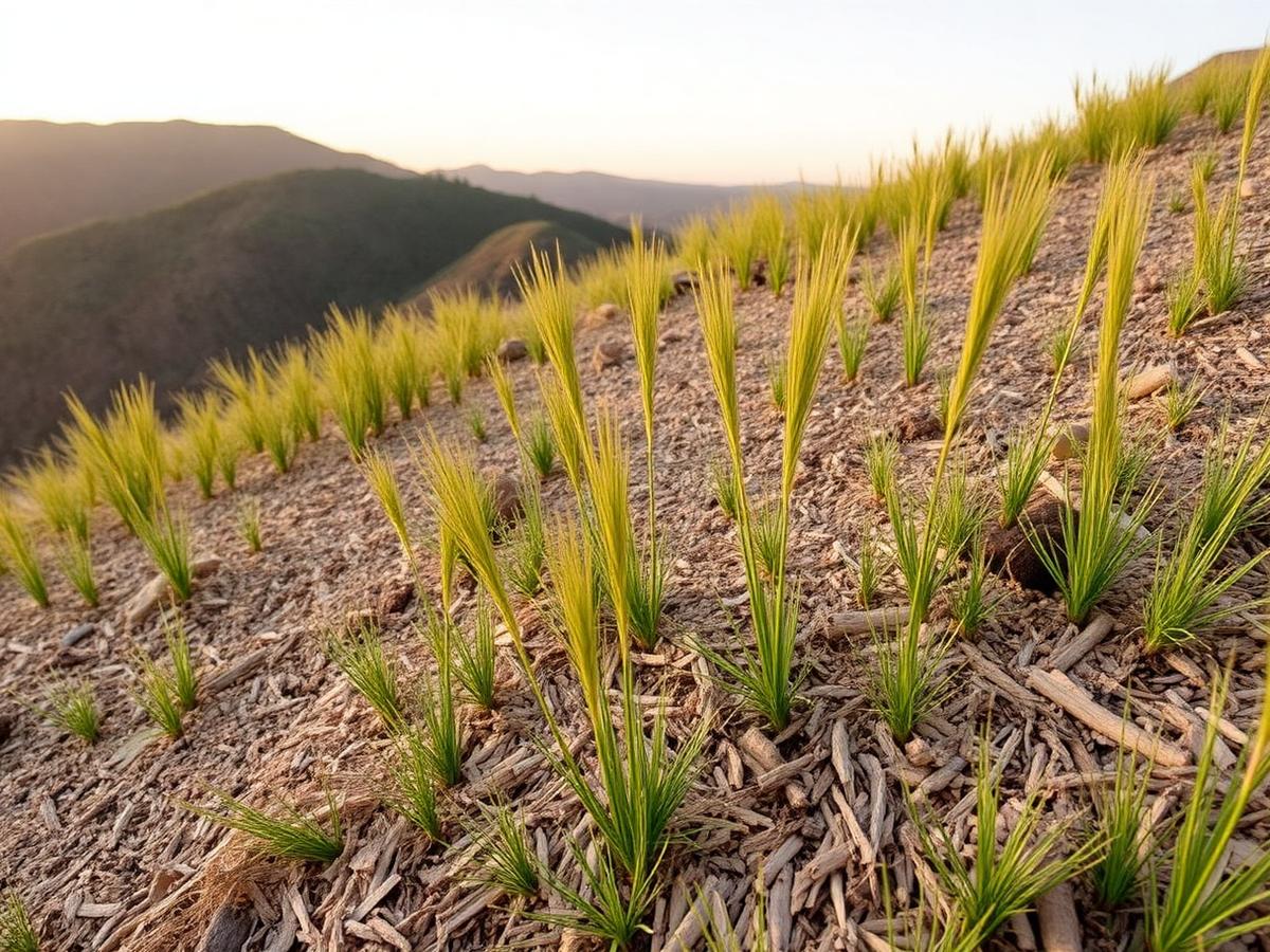 Native grasses establishing through wood strand mulch on a restored slope